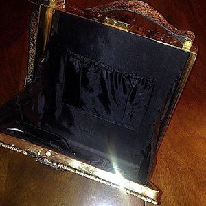 BROWN AND GOLD SNAKESKIN SQUARE BOX HANDBAG WITH JEWELED CLOSURE